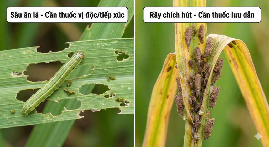 Hình ảnh phân biệt dấu hiệu cây bị sâu ăn lá và rầy nâu chích hút nhựa.