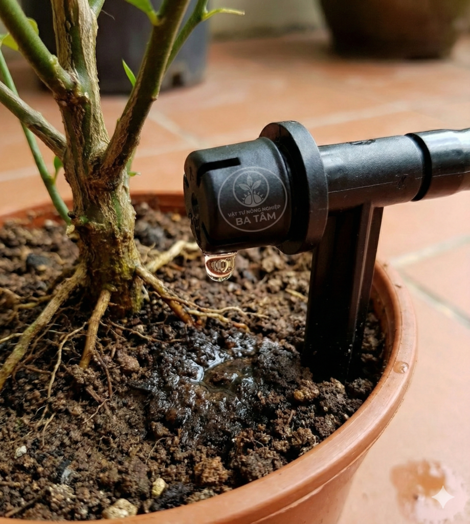 Cận cảnh đầu béc của hệ thống tưới nhỏ giọt giúp tiết kiệm nước tối đa cho cây trồng chậu.