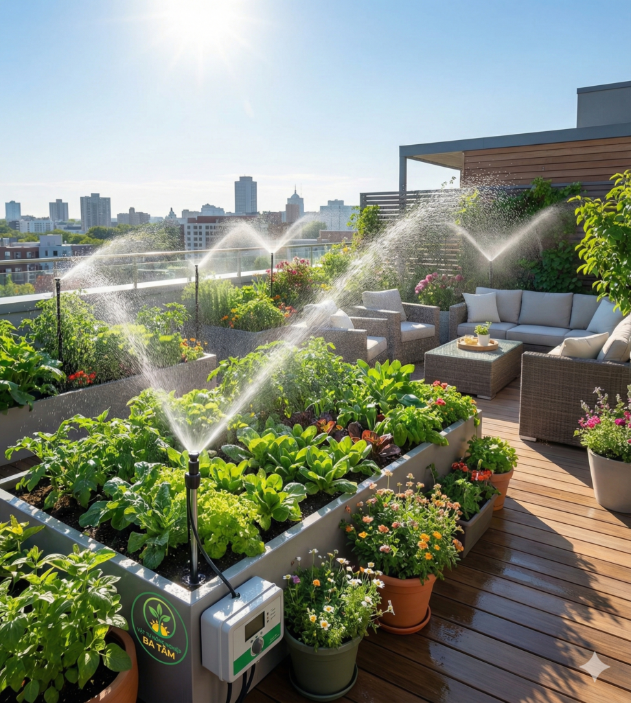 Tổng quan hệ thống tưới tự động thông minh giúp chăm sóc vườn rau sân thượng xanh tốt.