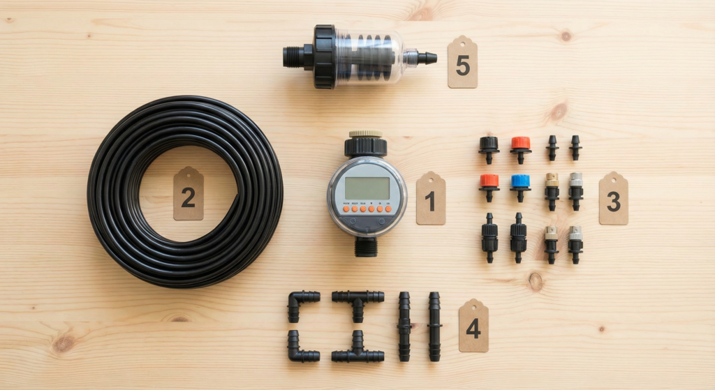Trọn bộ linh kiện cần thiết để tự lắp đặt hệ thống tưới tại nhà bao gồm timer và ống dẫn.