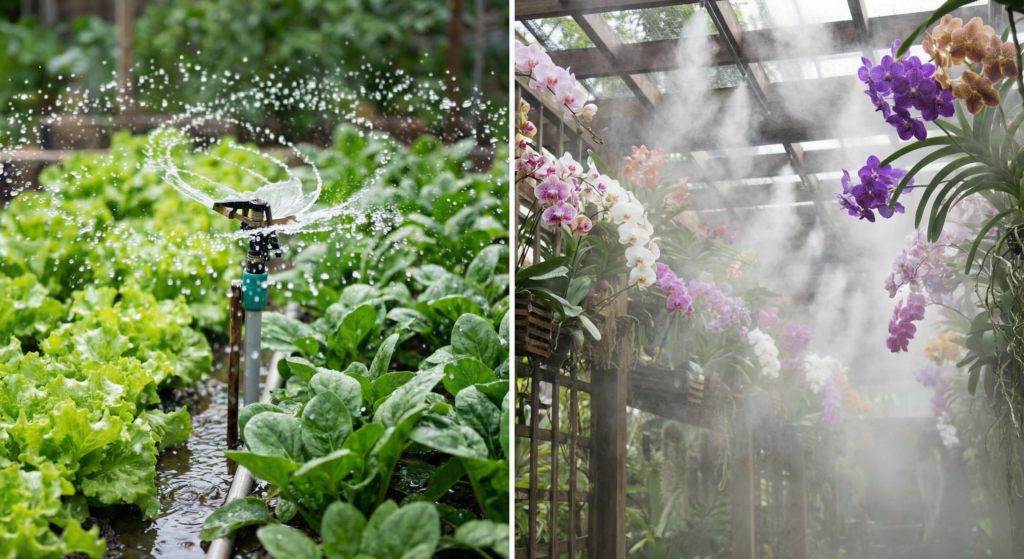 Phân biệt sự khác nhau giữa hệ thống tưới phun mưa cho rau và phun sương cho hoa lan.